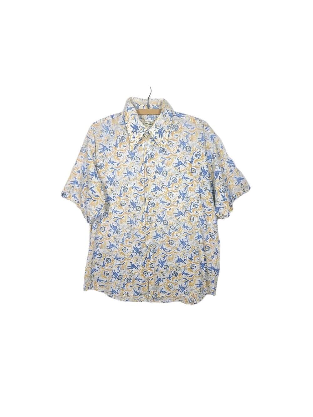 Vtg 60s Mens Shirt Birds Print Dacron Cotton Flat Hem Button Up L 16 Monaco Fade